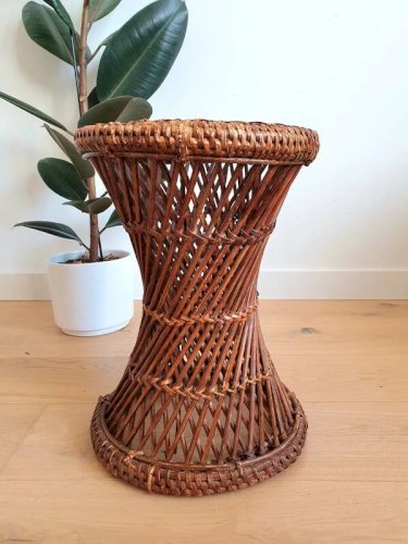 Tabouret vintage en rotin et cannage