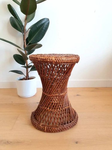Tabouret vintage en rotin et cannage