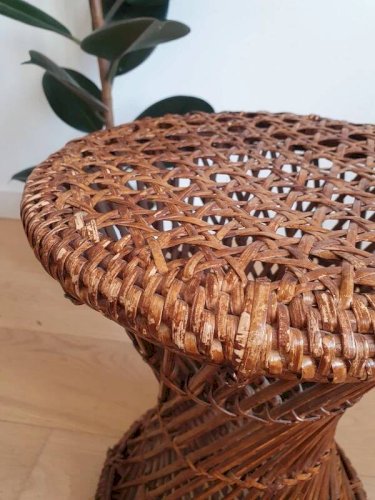 Tabouret vintage en rotin et cannage