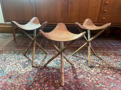 Tabourets vintage Mexicains cuir et bambou