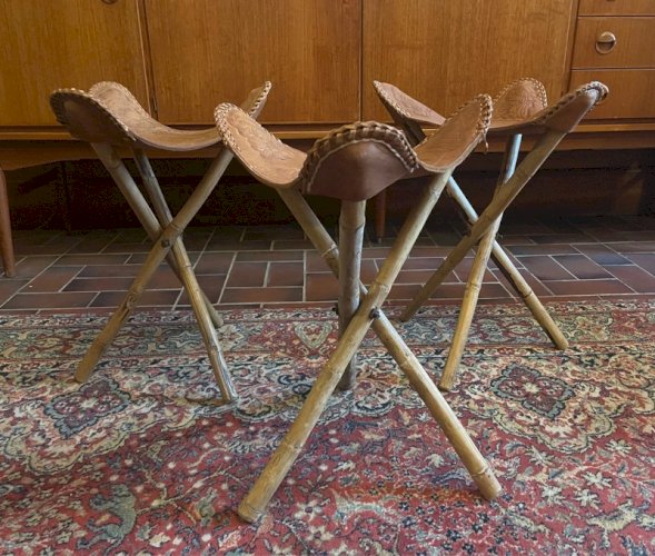 Tabourets vintage Mexicains cuir et bambou