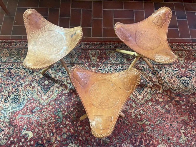 Tabourets vintage Mexicains cuir et bambou