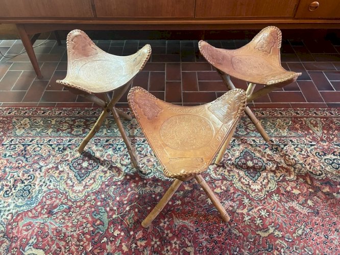 Tabourets vintage Mexicains cuir et bambou