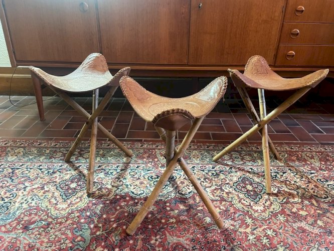 Tabourets vintage Mexicains cuir et bambou