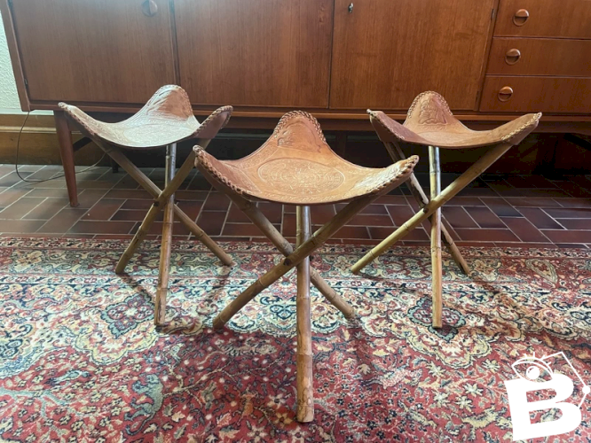 Tabourets vintage Mexicains cuir et bambou
