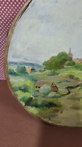 TAMBOURIN CYMBALE PEINT ET ANCIEN SIGNE JNE RIOCREUX