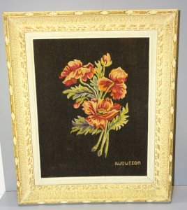 -TAPISSERIE AUBUSSON FLEURS de PAVOT CADRE BOIS EPAIS MONTPARNASSE  Vintage   D