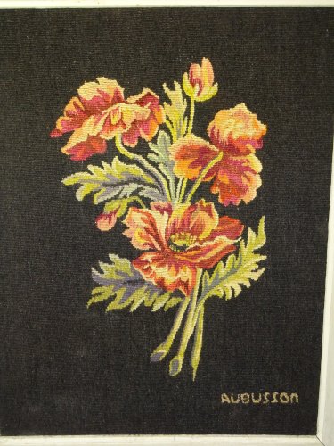 -TAPISSERIE AUBUSSON FLEURS de PAVOT CADRE BOIS EPAIS MONTPARNASSE  Vintage   D