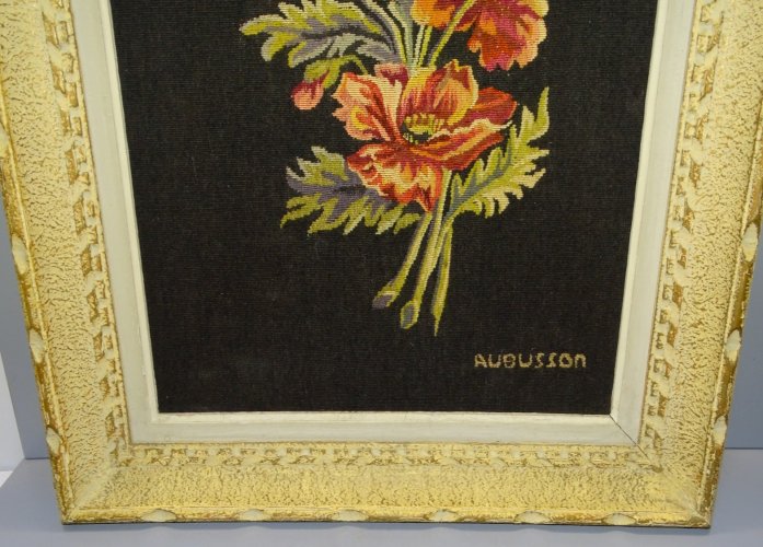 -TAPISSERIE AUBUSSON FLEURS de PAVOT CADRE BOIS EPAIS MONTPARNASSE  Vintage   D
