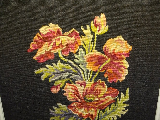 -TAPISSERIE AUBUSSON FLEURS de PAVOT CADRE BOIS EPAIS MONTPARNASSE  Vintage   D