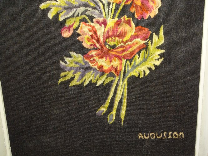 -TAPISSERIE AUBUSSON FLEURS de PAVOT CADRE BOIS EPAIS MONTPARNASSE  Vintage   D