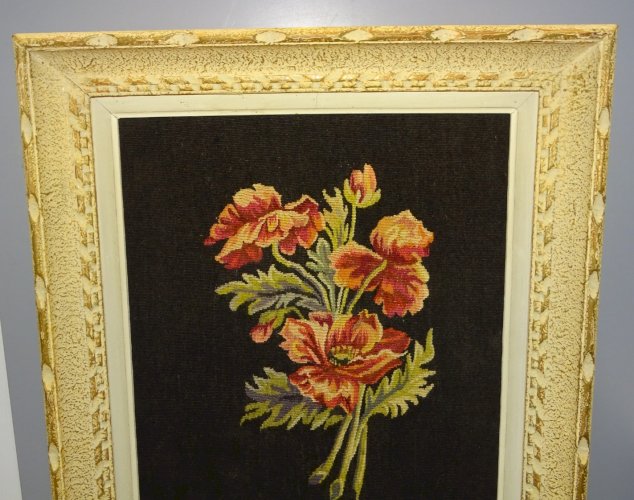 -TAPISSERIE AUBUSSON FLEURS de PAVOT CADRE BOIS EPAIS MONTPARNASSE  Vintage   D