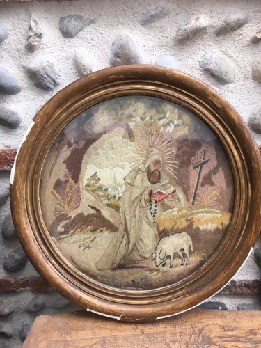 Tapisserie Saint Antoine  XVIIIe Sous Cadre Tissu Religion Ésotérisme