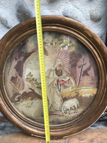 Tapisserie Saint Antoine  XVIIIe Sous Cadre Tissu Religion Ésotérisme