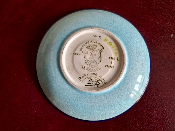 Tasse à café et soucoupe en émaux de Longwy (anse recollée)