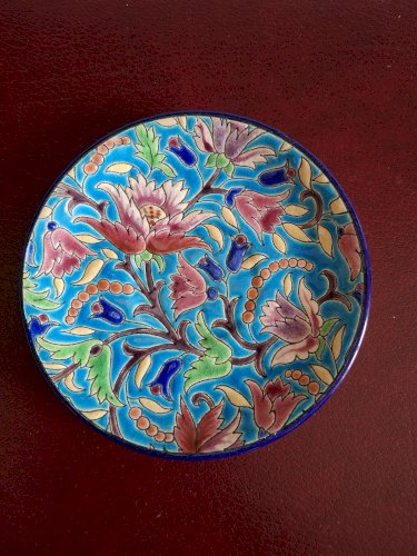 Tasse à café et soucoupe en émaux de Longwy (anse recollée)