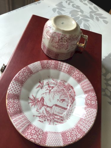 TASSE A CAFE et SOUS-TASSE DECOR ASIATIQUE KG LUNEVILLE DENTELLE ROSE 1900