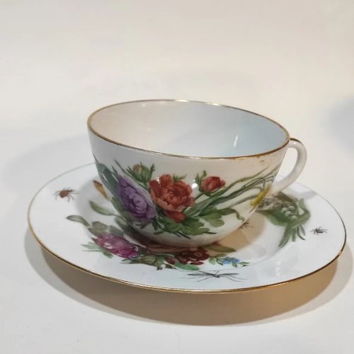 Tasse à thé Ancienne en porcelaine de Saxe Dresdes, XIXème siècle, insectes, papillons et fleurs