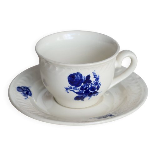 Tasse à thé Gien vintage faïence ivoire - Motif fleuri bleu