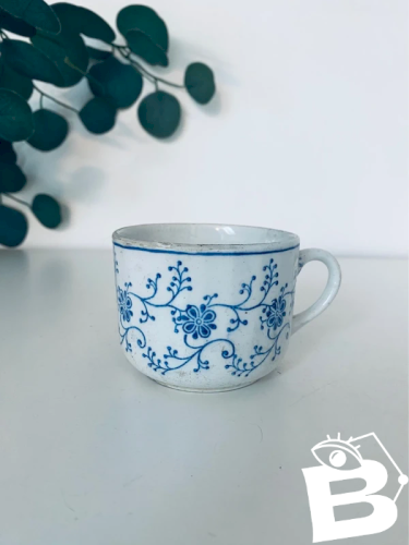 Tasse Ancienne Faïence Bleue Décor Floral - Charme Campagne Chic