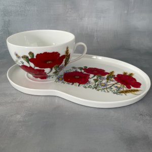 Tasse RAYNAUD + soucoupe plateau porcelaine Limoges décor fleurs coquelicots