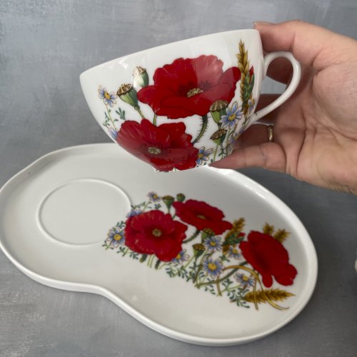 Tasse RAYNAUD + soucoupe plateau porcelaine Limoges décor fleurs coquelicots