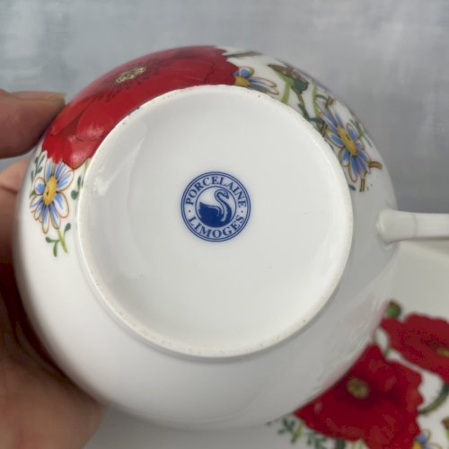 Tasse RAYNAUD + soucoupe plateau porcelaine Limoges décor fleurs coquelicots