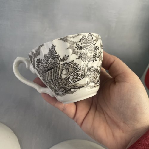 Tasse soucoupe + pot à lait + sucrier MYOTT England décor The hunter Le chasseur