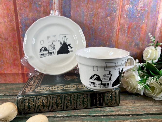 Tasse & sous-tasse Jacques Faizant Saint Amand humour chat vieille dame  vintage