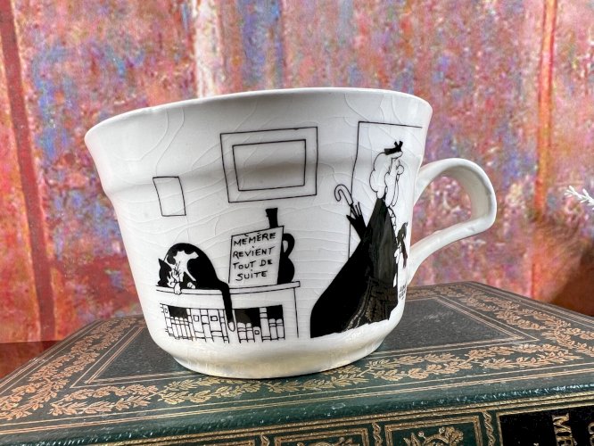 Tasse & sous-tasse Jacques Faizant Saint Amand humour chat vieille dame  vintage