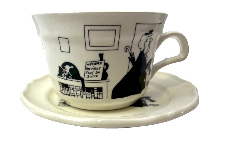 Tasse & sous-tasse Jacques Faizant Saint Amand humour chat vieille dame  vintage