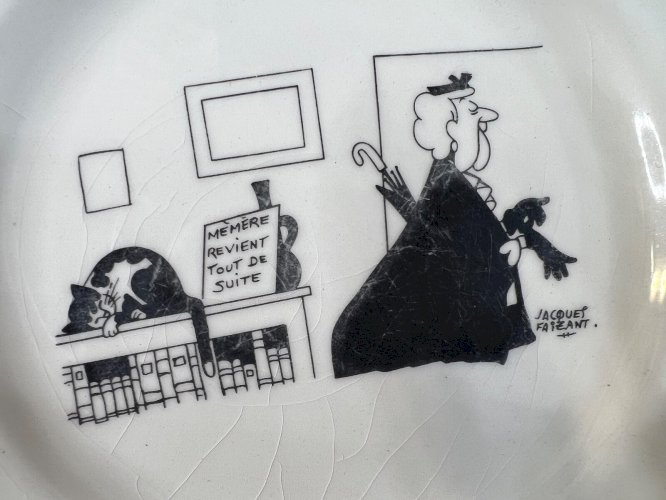 Tasse & sous-tasse Jacques Faizant Saint Amand humour chat vieille dame  vintage