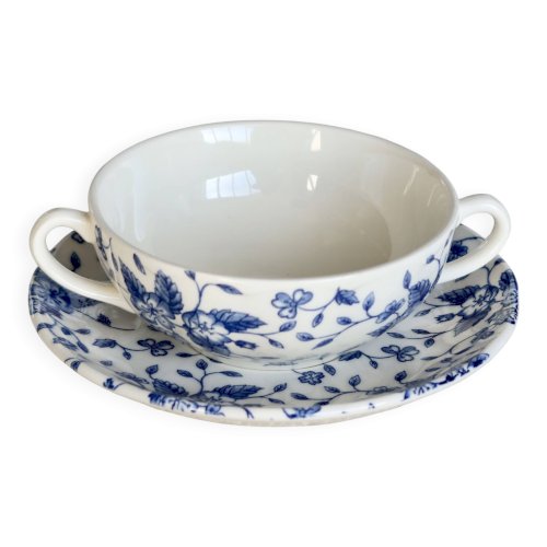 Tasse vintage double anses & sous-tasse – Royal Tudor “Bouquet” bleu