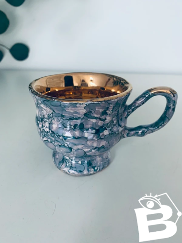 Tasse Vintage Porcelaine Émail Marbré et Intérieur Doré Or