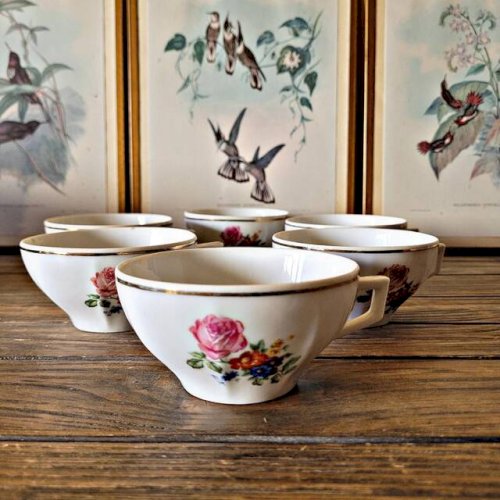Tasses à café/thé vintage en porcelaine, motif floral (rose et fleurs)