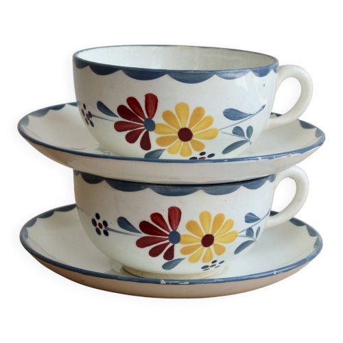 Tasses à déjeuner anciennes en faïence Salins - Modèle Jacqueline