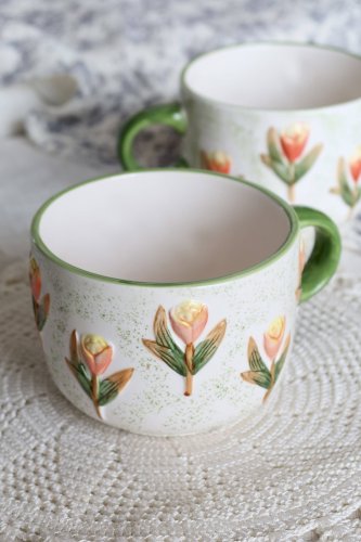 Tasses / mugs barbotine vintage - Motif tulipe - Tons orange et vert