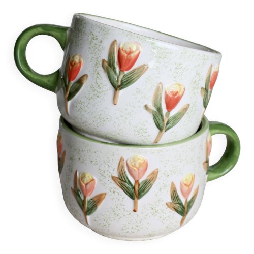 Tasses / mugs barbotine vintage - Motif tulipe - Tons orange et vert