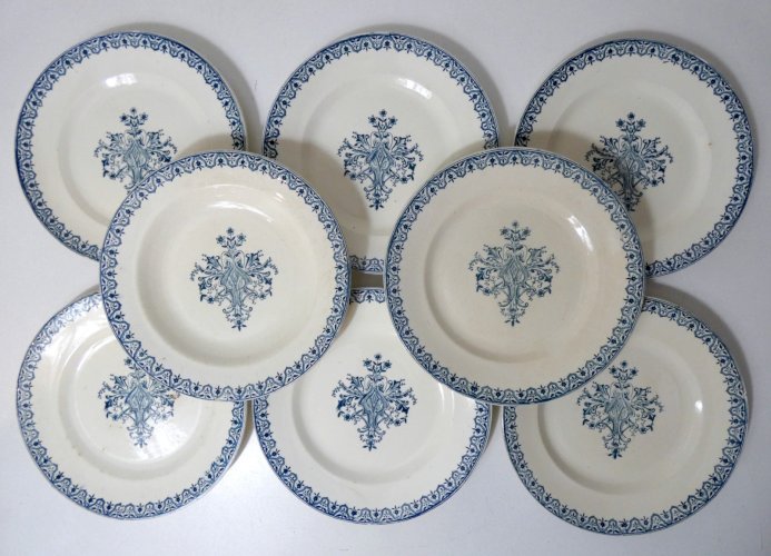 Terre de fer 8 assiettes plates Art Déco modèle ALHAMBRA bleu SALINS