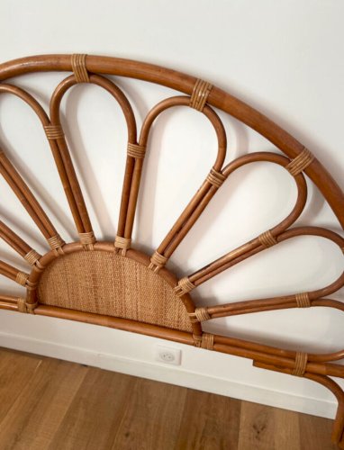 Tête de lit en rotin et cannage vintage 1970 pour lit 2 places