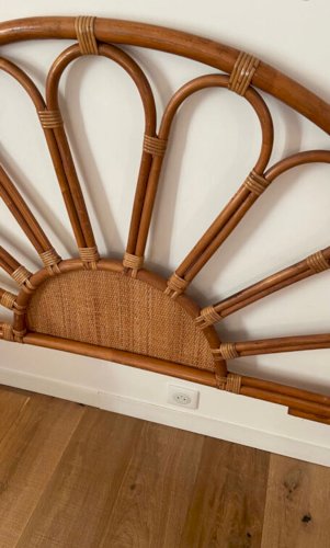 Tête de lit en rotin et cannage vintage 1970 pour lit 2 places