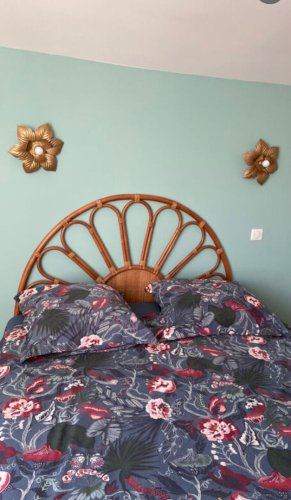 Tête de lit en rotin et cannage vintage 1970 pour lit 2 places