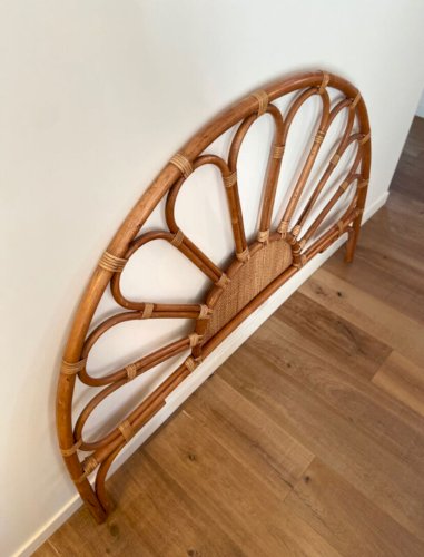 Tête de lit en rotin et cannage vintage 1970 pour lit 2 places