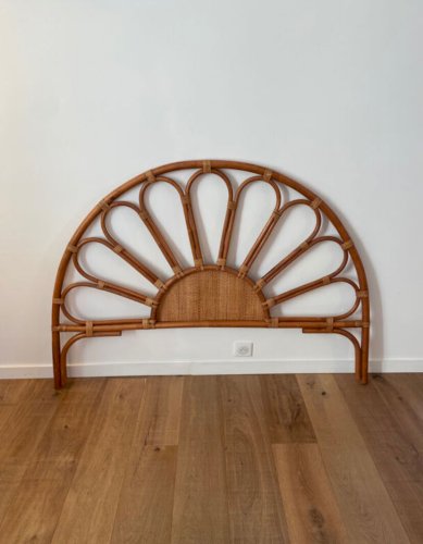 Tête de lit en rotin et cannage vintage 1970 pour lit 2 places