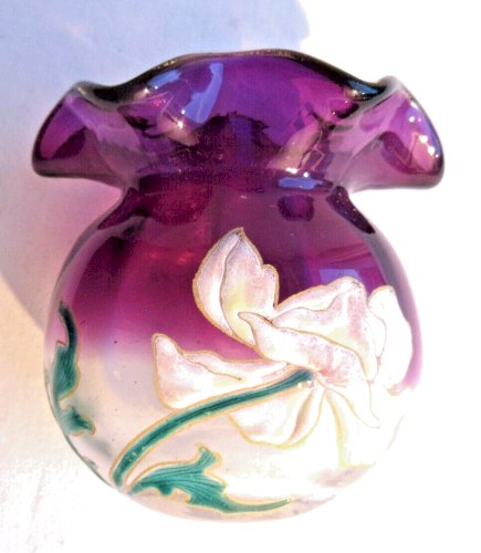 Tout petit Vase bourse Art Nouveau verre violet émaillé LEGRAS: Pavots