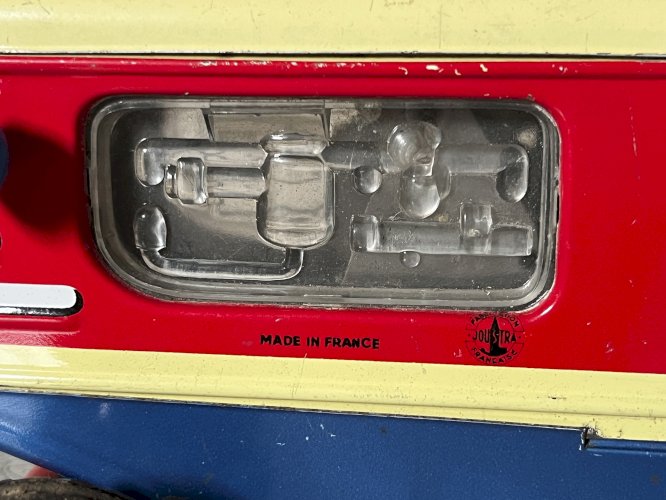 Tracteur et remorque Joustra, jouet ancien en tôle