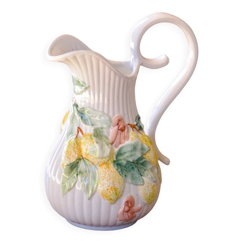 Très grand broc / vase vintage en barbotine citrons signé Whats