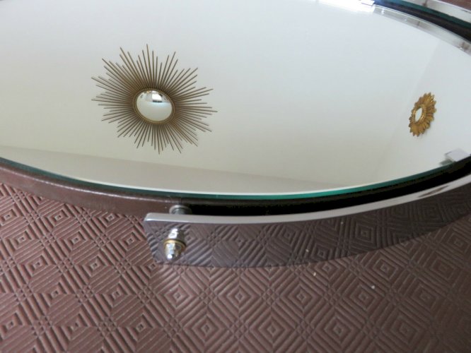 TRES GRAND MIROIR DE TABLE ITALIEN ANNEES 70 METAL CHROME ET CUIR HAUTEUR 82 CM