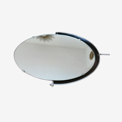 TRES GRAND MIROIR DE TABLE ITALIEN ANNEES 70 METAL CHROME ET CUIR HAUTEUR 82 CM