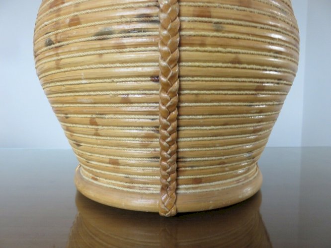 TRES GRAND PIED DE LAMPE EN ROTIN, CUIR ET CORDE XXL ANNEES 60 70 VINTAGE 